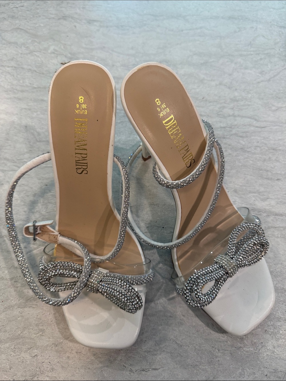 Dream Pairs White Heels with Silver Crystal Bow Straps